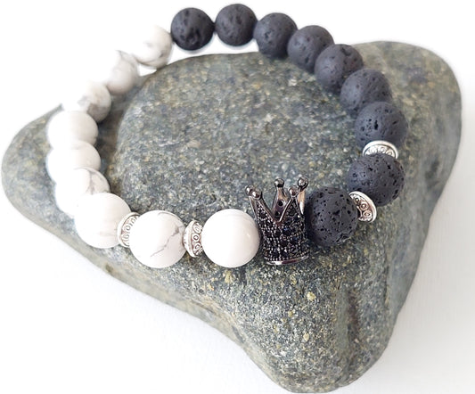 Men's Howlite and Lava Bead Stretch Bead Bracelet (10mm)