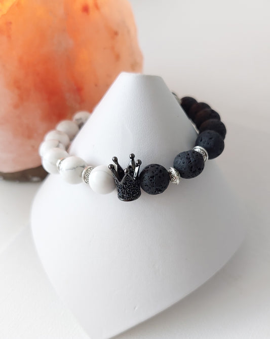 Men's Howlite and Lava Bead Stretch Bead Bracelet (10mm)