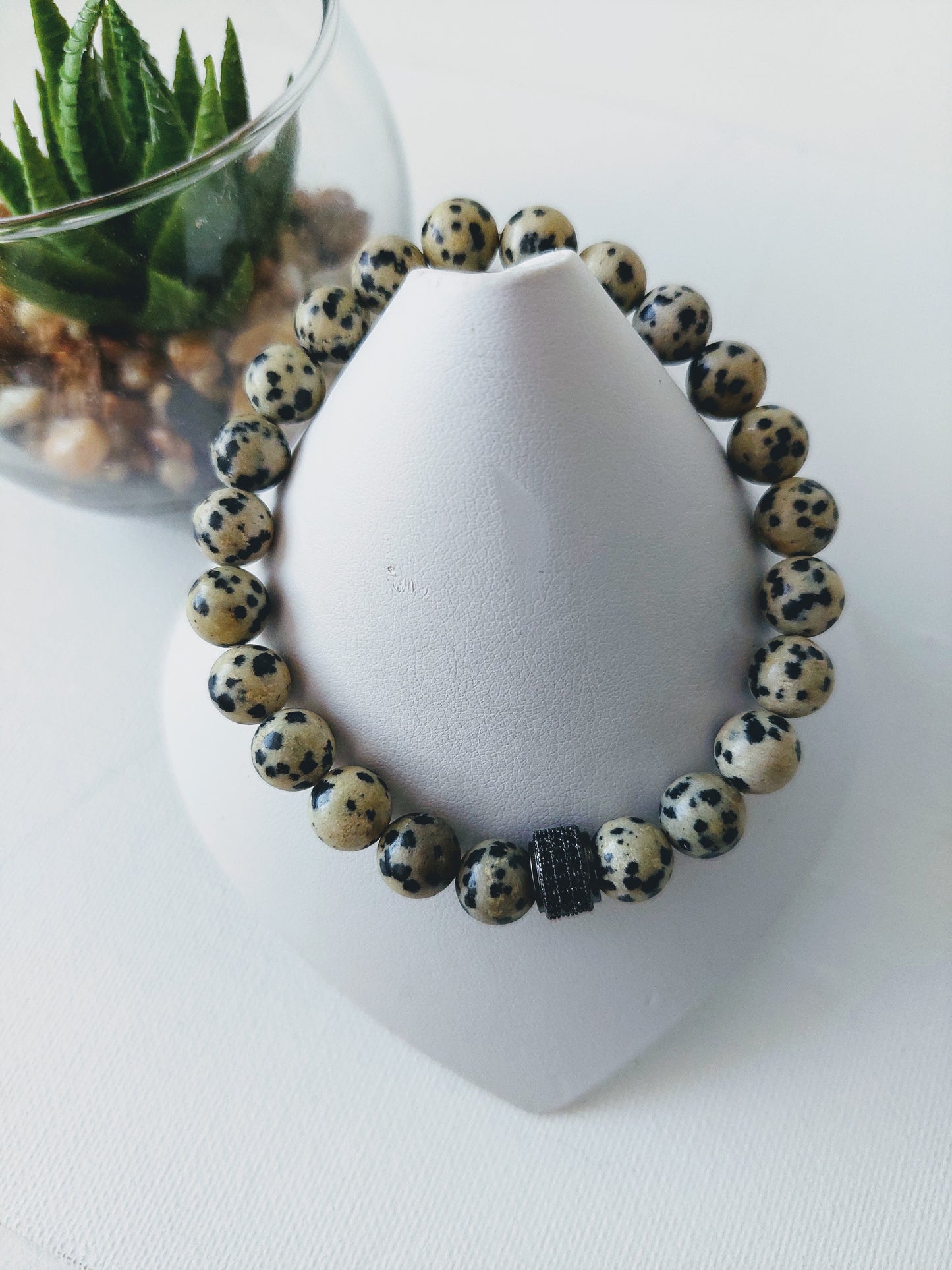Men's Elastic Dalmatian Jasper Bead Bracelet (8mm)