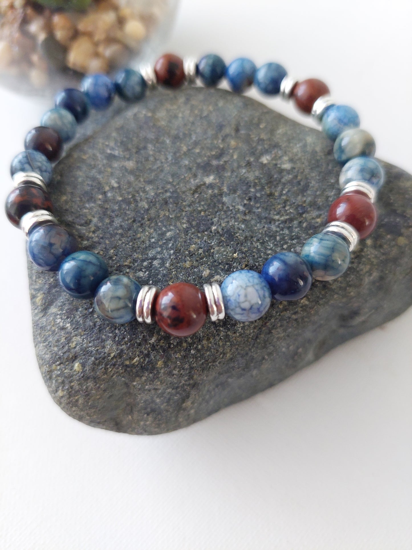 Men's Elastic Obsidian and Sodalite Gemstone Bead Bracelet (8mm)