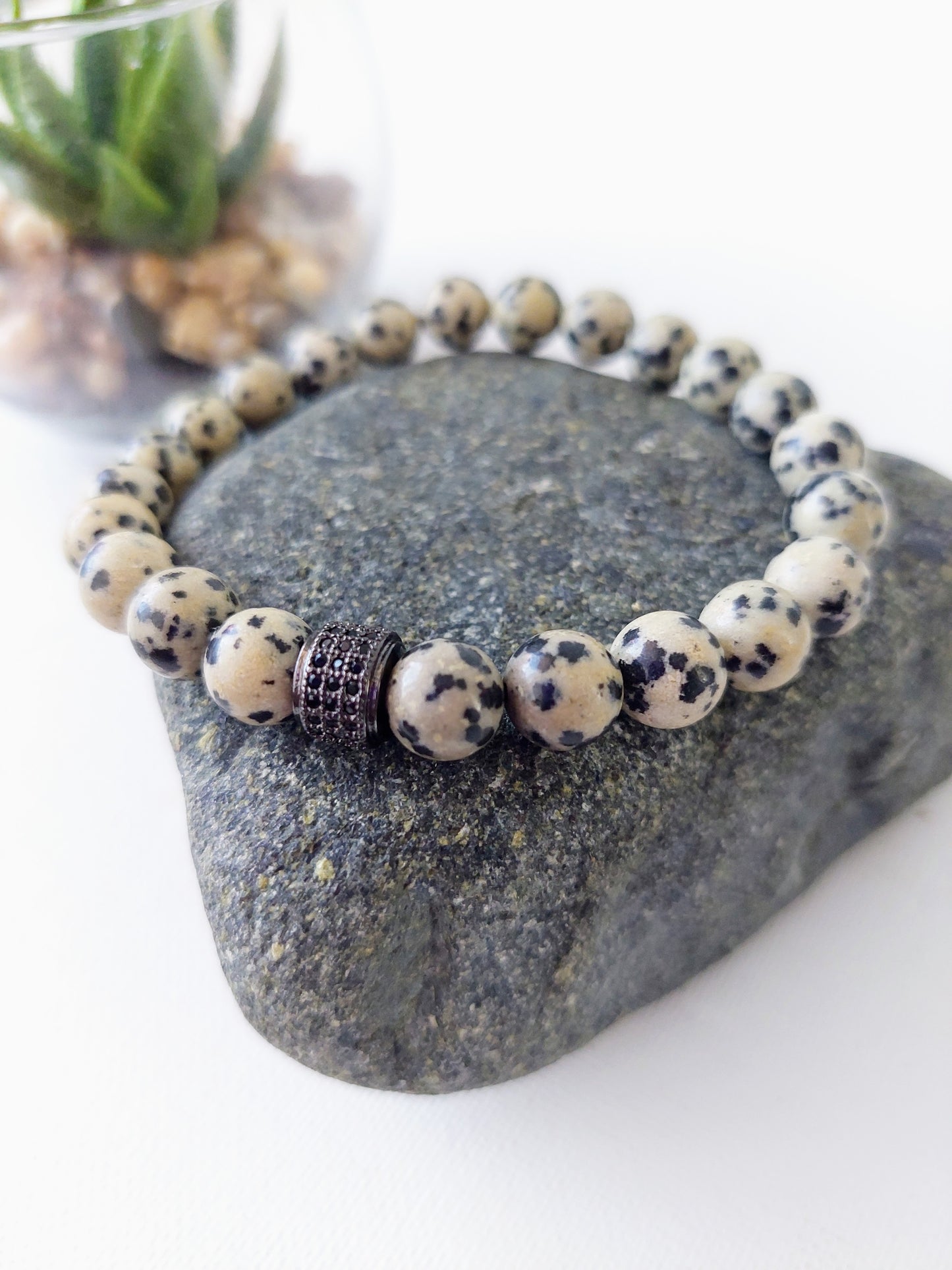 Men's Elastic Dalmatian Jasper Bead Bracelet (8mm)