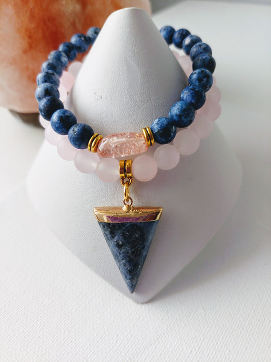 Women's Rose Quartz and Sodalite Gemstone Stretch Bead Bracelet Set (8mm)