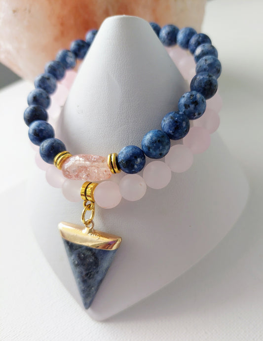 Women's Rose Quartz and Sodalite Gemstone Stretch Bead Bracelet Set (8mm)