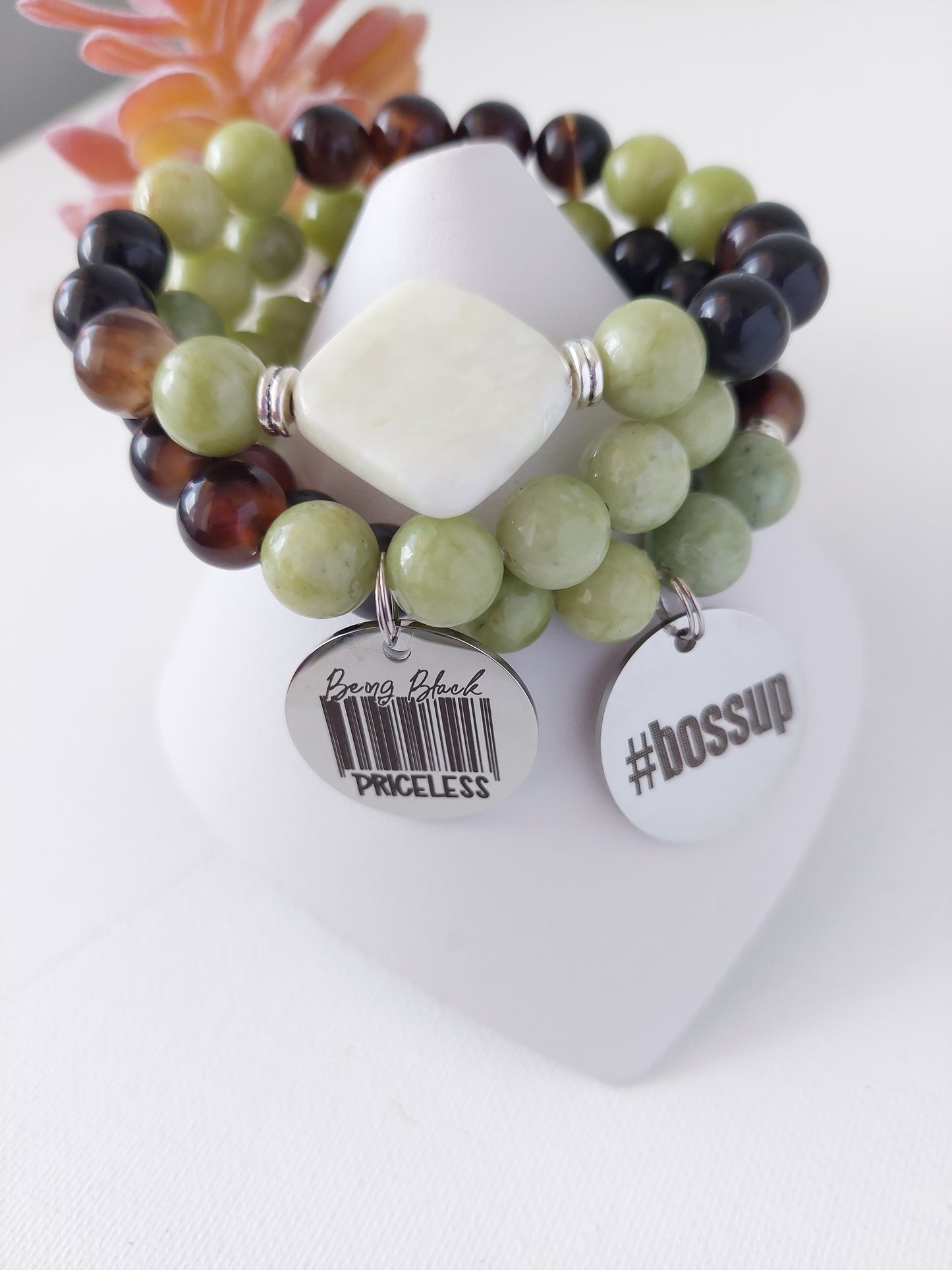 Women's Jasper and Agate Stretch Bead Bracelet Set (10 mm)