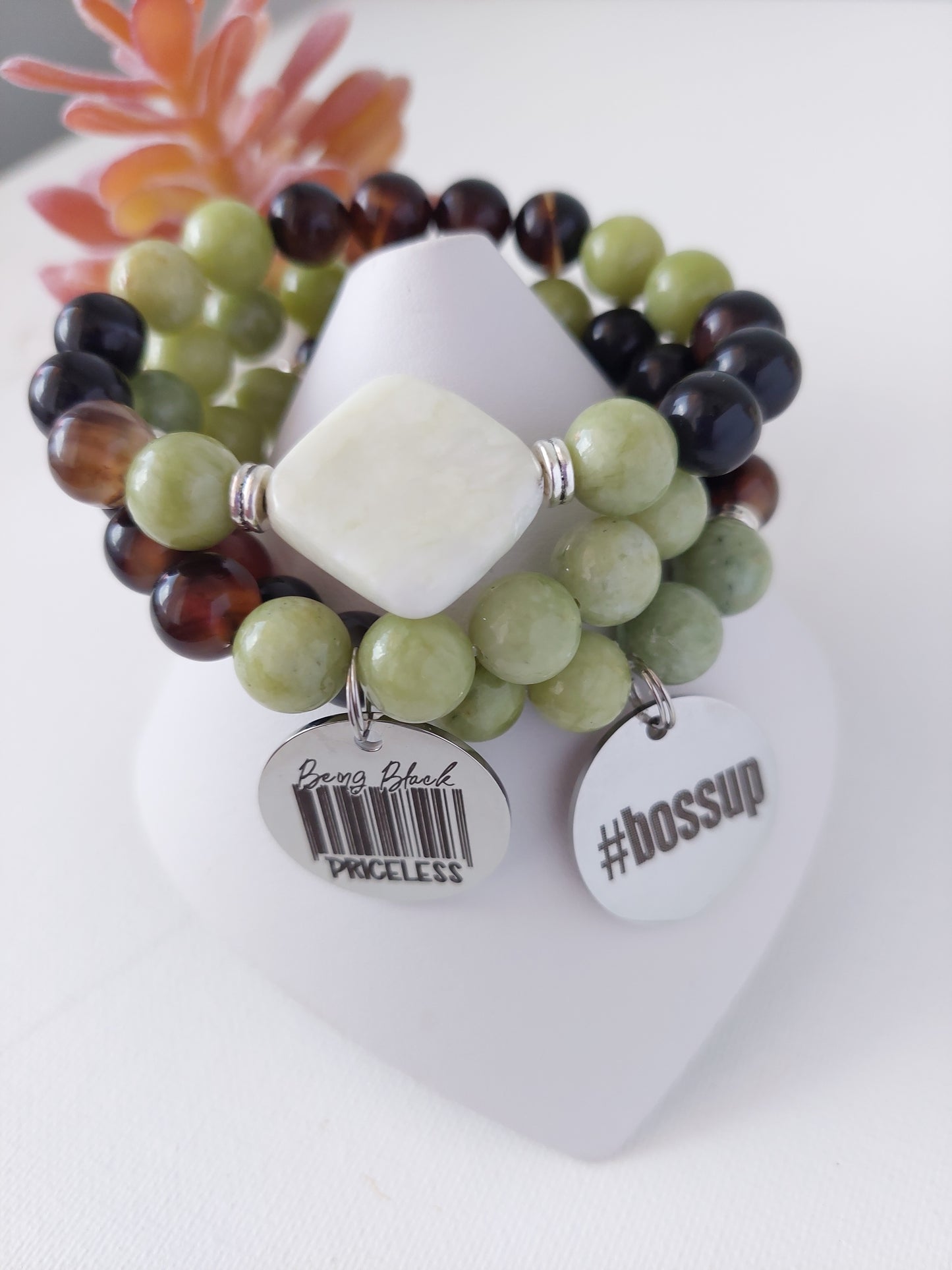 Women's Jasper and Agate Stretch Bead Bracelet Set (10 mm)