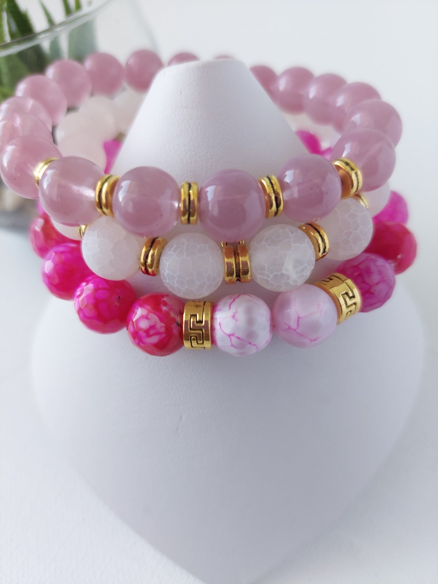 Women's Frosted Agate and Cracked Agate Stretch Beaded Bracelet Set (10 mm)
