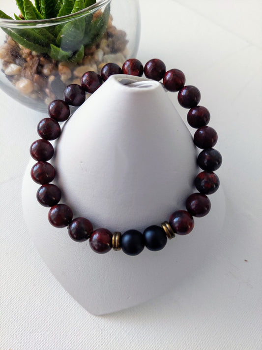 Men's Elastic Mahogany Obsidian and Onyx Bead Bracelet (8mm)