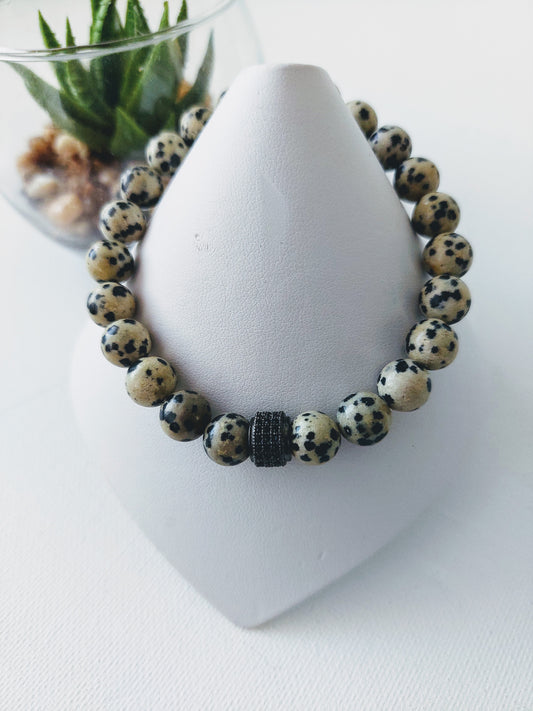 Men's Elastic Dalmatian Jasper Bead Bracelet (8mm)